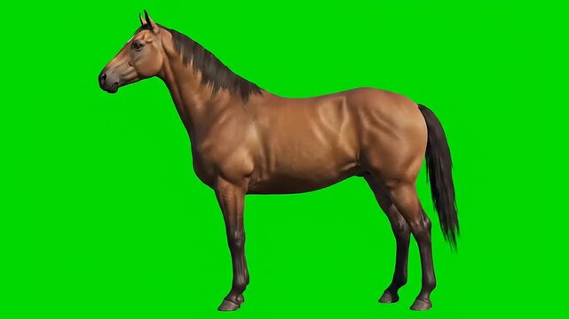 A stunning brown horse standing gracefully in a studio against a vibrant green screen background, ready for digital manipulation and animation