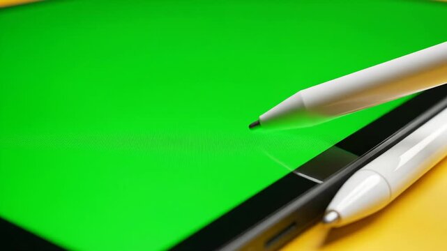 Digital tablet with green screen display and stylus for technology concept