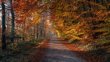 Obraz premium A dirt path through a colorful autumn forest.