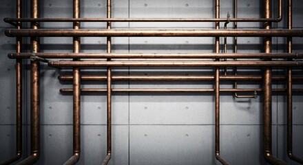 Copper pipes intricately arranged against a concrete wall, creating an industrial aesthetic