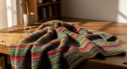 Cozy shot of a vibrant, striped, hand-knitted blanket on a wooden table with yarn and needles