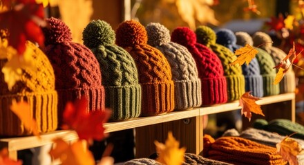 Display of colorful knitted hats with pom-poms on a wooden shelf, fall leaves in foreground
