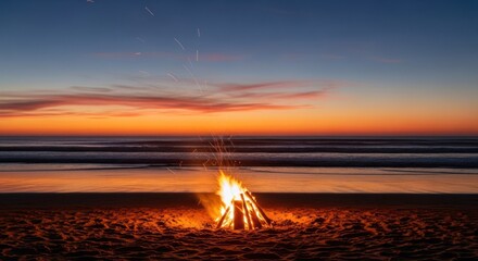 A beach bonfire blazes at sunset, with sparks ascending into the twilight sky and ocean waves