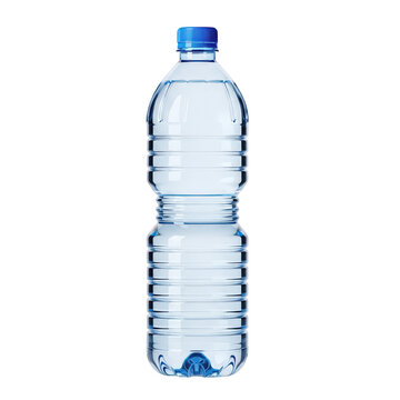Plastic water bottle with blue cap and transparent body isolated on transparent background
