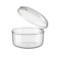 A clear glass container with a lid, slightly ajar on a white background.