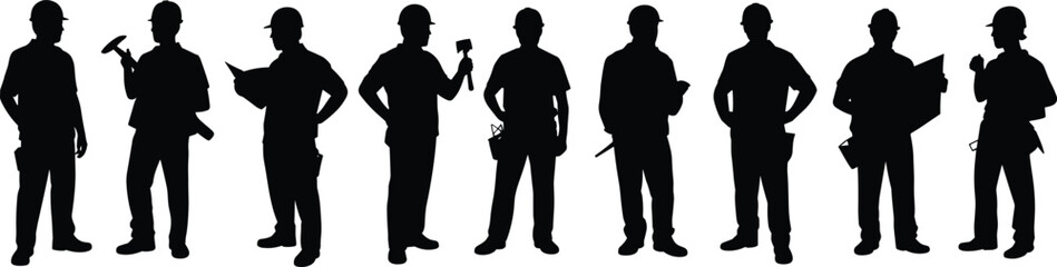 Construction worker silhouettes collection with various tools isolated on white background, industrial labor workforce team concept