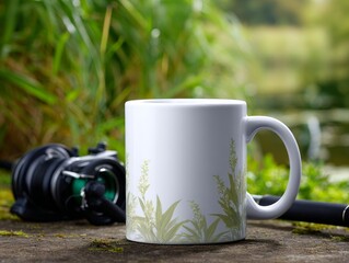 Enamel mug enjoying peaceful morning fishing by river