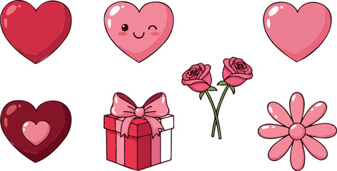 Cute Valentine Icons Set with Hearts Gift Box and Flowers Cartoon Illustration
