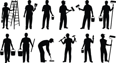 Painter and construction worker silhouettes with tools isolated on white background, home renovation workforce concept