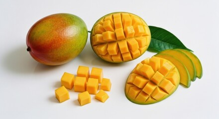 Fresh, ripe mangoes, whole and cut, with leaves, placed on a white surface