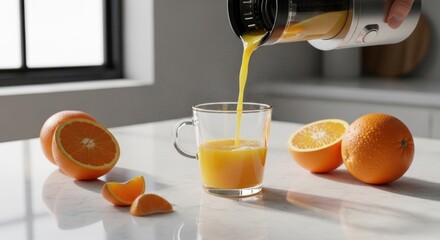 Fresh orange juice pours from appliance into glass, oranges on a marble countertop