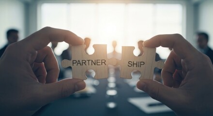 Hands holding puzzle pieces forming "PARTNERSHIP" over a blurred meeting in a bright office