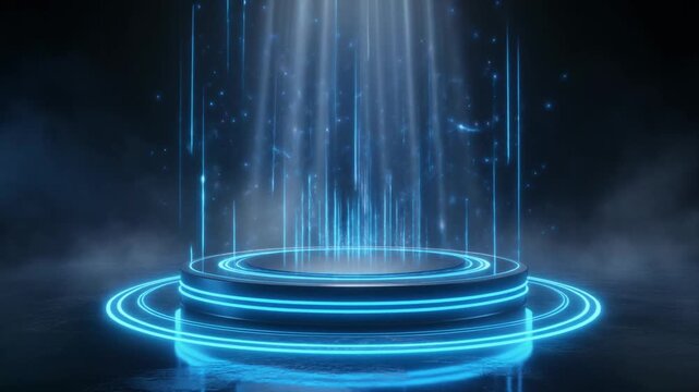 Futuristic blue glowing energy portal with light beams and particles rising from a circular platform