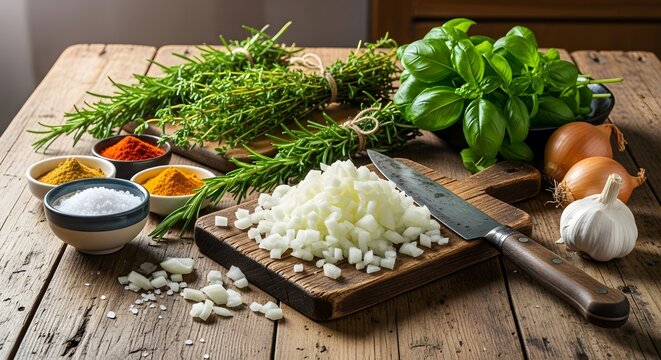 Kitchen prep rustic wood chopped onion herbs spices salt