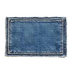 A rectangular denim cloth patch isolated on a white background, in a flat lay. Blue jeans fabric with frayed edges.