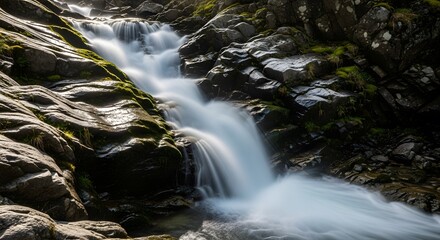 Long Exposure Silky Waterfall Flowing Over Dark Wet Rocks