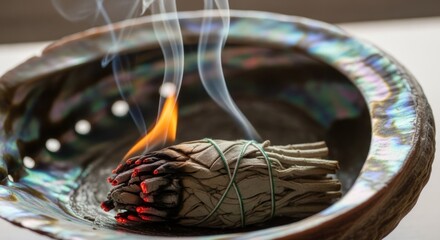 Lit smudge stick smoldering in an iridescent shell, emitting white smoke against white