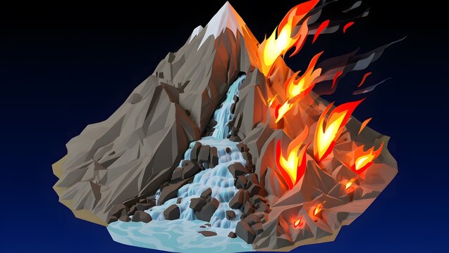 Low Poly Fire and Water Duality Mountain Waterfall 3D Art