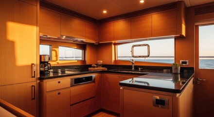 Luxurious yacht kitchen with wooden cabinetry, marble countertops, and porthole window view of sea