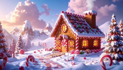A whimsical snow-covered gingerbread house amidst candy canes and trees