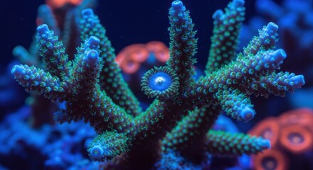 Macro shot of colorful branching coral polyps with intricate detail, ocean wildlife