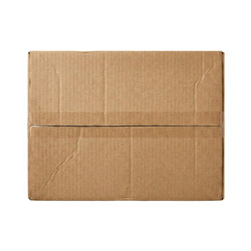 Closed cardboard shipping box top view on transparent background