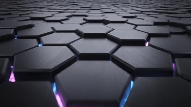 Dark abstract futuristic technology background featuring geometric honeycomb hexagon pattern illuminated by vibrant neon light flash with a modern digital pink and blue color aesthetic.