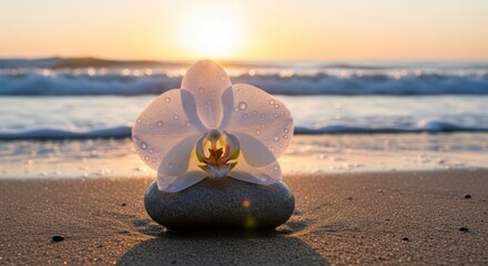 Orchid flower on pebble at beach sunset, water droplets, ocean waves, peaceful scene