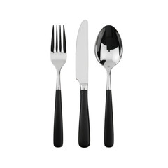 A set of three black handled cutlery items on a white background.