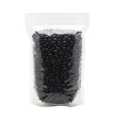 A transparent plastic bag filled with small black beads on a white background.