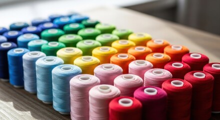 Rows of colorful thread spools arranged in a gradient, sitting on a wooden surface