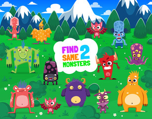 Fototapeta premium Kids game find two same funny monster characters. Details compare kids game, objects search riddle vector worksheet with spooky bat, octopus and squid, bat and zombie monsters characters on landscape