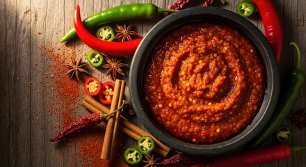 Spicy chili sauce in a bowl with scattered spices and peppers on a wooden surface