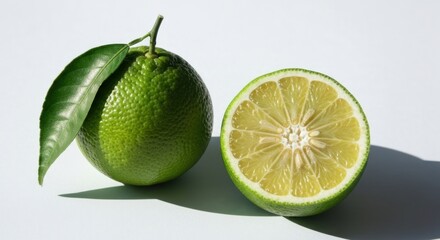 Vibrant green citrus fruit with leaf, cut in half, showcasing juicy interior, simple white backdrop