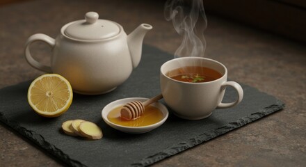 Warm tea setup with teapot, cup, lemon, honey, and ginger, on a slate surface