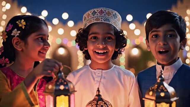 Three happy children holding traditional metal lanterns during a festive evening celebration for an editorial marketing campaign banner.