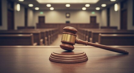 Wooden gavel on a desk in a courtroom, with blurred rows of seats and the judge's bench
