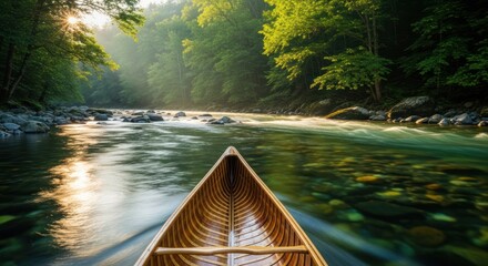 Wooden canoe navigates a clear river surrounded by lush green trees, sunlight streams