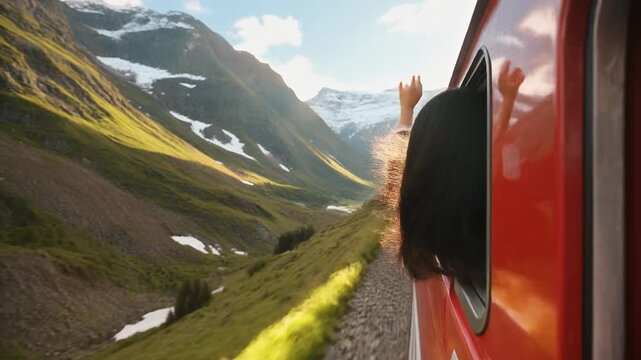 Joyful young Asian woman leaning out of a red train window making a heart shape with her hands against a mountain landscape