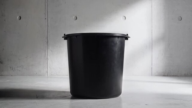 Black plastic bucket with lid rotating on gray concrete floor and wall background, seamless loop, symbolizing industrial or storage use.