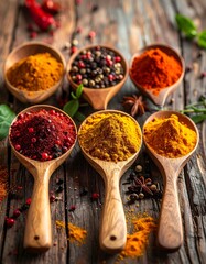 A wooden table with six wooden spoons filled with spices