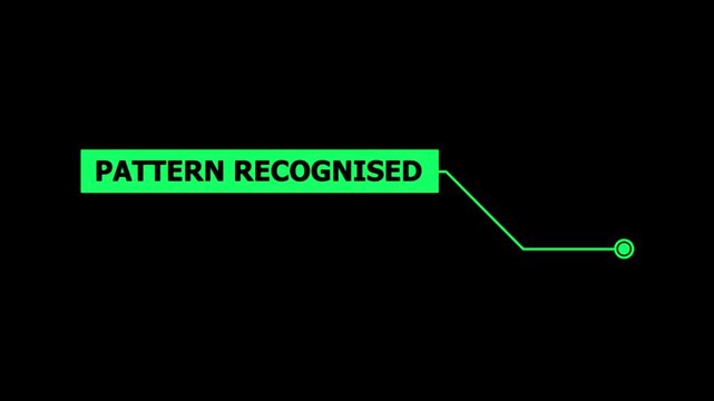 Animation of HUD elements with text Pattern Recognised. Animate a white callous for text. HUD elements on black background. Futuristic callout titles. Virtual sci fi textbox for HUD.