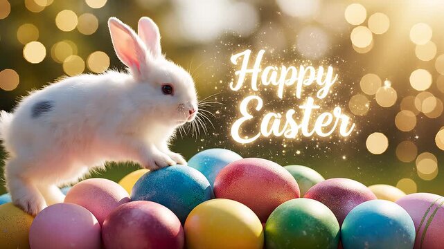 Happy Easter Bunny with Colorful Eggs and Golden Bokeh