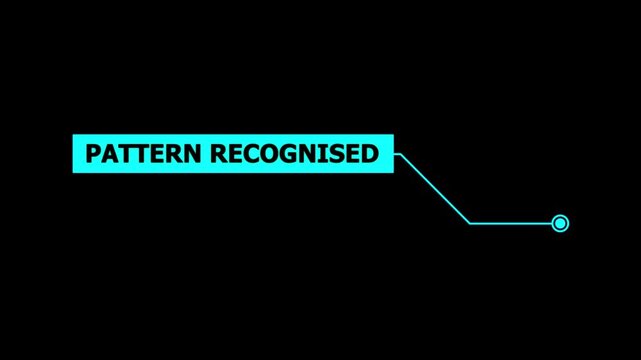 Animation of HUD elements with text Pattern Recognised. Animate a white callous for text. HUD elements on black background. Futuristic callout titles. Virtual sci fi textbox for HUD.