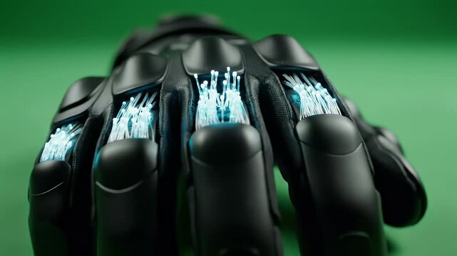 A robotic black hand with glowing blue accents rests against a verdant green backdrop