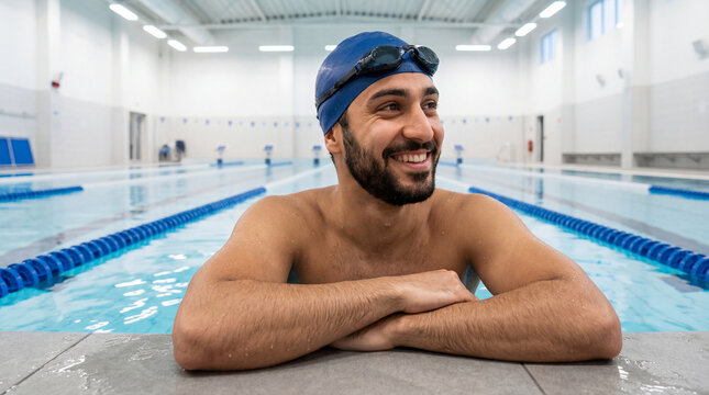 Smiling Male Swimmer Wearing Swim Cap and Goggles Resting at the Edge of Indoor Swimming Pool