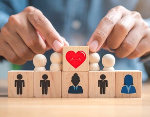 Hands place smiling heart block atop diverse figures on wood blocks
