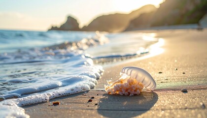 Washed ashore jellyfish on wet sand, gentle waves, golden light