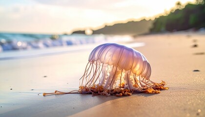 Delicate jellyfish washes ashore on sandy beach at sunset