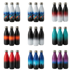 Assorted insulated water bottles in various color gradients and ombre effects.
